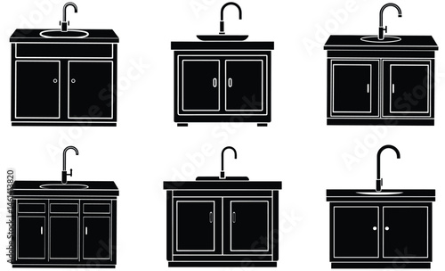 Kitchen Cabinet Sink Vector Silhouette – Built-in Sink with Cabinet Clipart, Interior Fixture Graphic for Modern Home and Culinary Design Projects