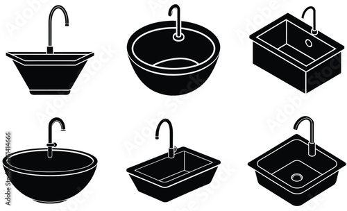 Kitchen Sink Vector Silhouette – Modern Utility Sink Clipart, Home Appliance Graphic for Cooking Area and Interior Design Projects