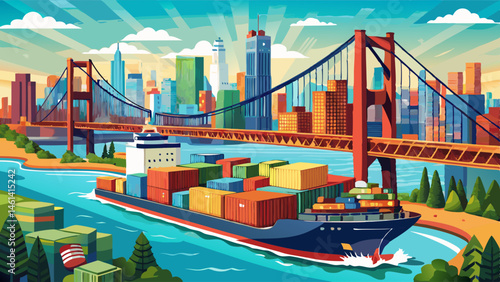 large shipping container ship arriving in new york city harbor under the verrazzano narrows bridge (nyc waterway delivery overseas tariffs) containers  Very beautiful