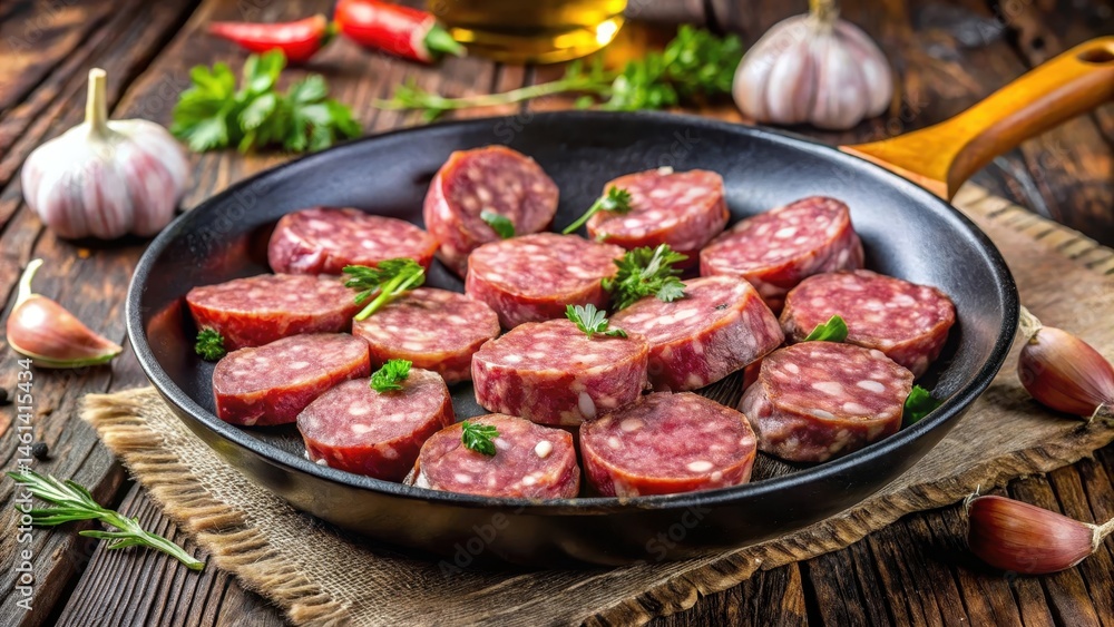 A sizzling raw beef sausage sliced into thick pieces, seared to perfection in a hot skillet with melted garlic, creating a flavorful and appetizing dish , raw beef, melting A sizzling raw beef sausage sliced into thick pieces, seared to perfection in a hot skillet with melted garlic, creating a flavorful and appetizing dish , raw beef, melting