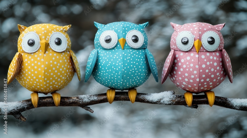 Fototapeta premium Colorful paper owls with bright, playful designs in vivid shades perched on a branch, bringing charm and whimsy to the surrounding area.