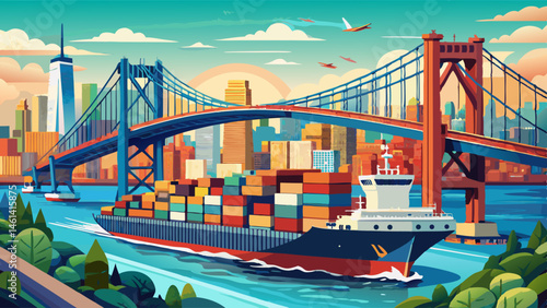 : large shipping container ship arriving in new york city harbor under the verrazzano narrows bridge (nyc waterway delivery overseas tariffs) containers Very beautiful