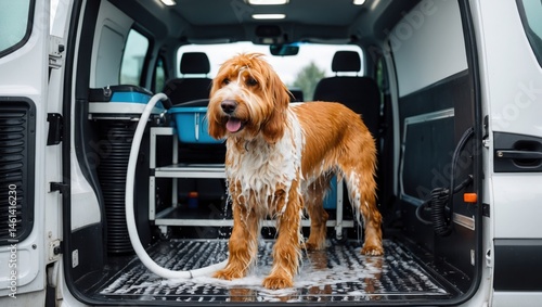 Wet brown dog inside white grooming van
