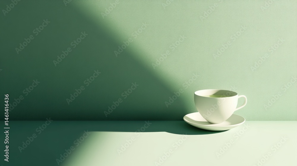 White teacup of matcha on saucer, green background, sunlight. White teacup of matcha on saucer, green background, sunlight.