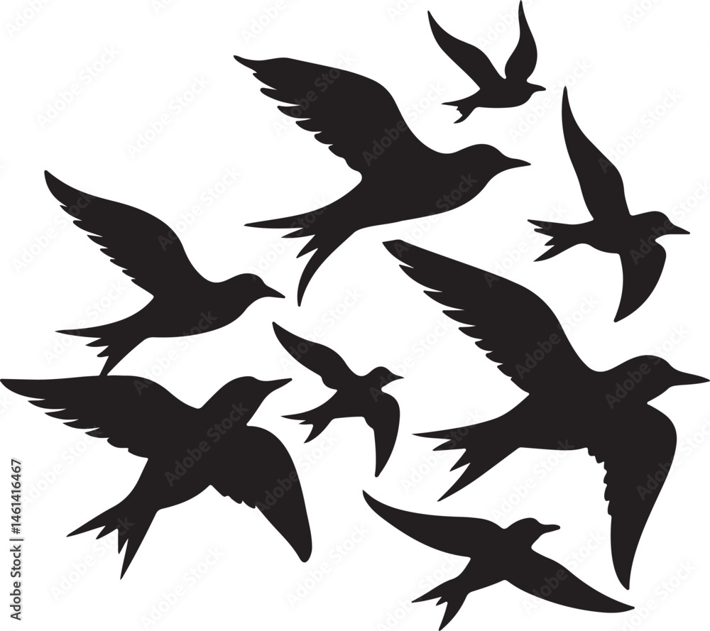 Obraz premium flock of birds in sky silhouette, black and white silhouette, vector and&nbsp;illustration
