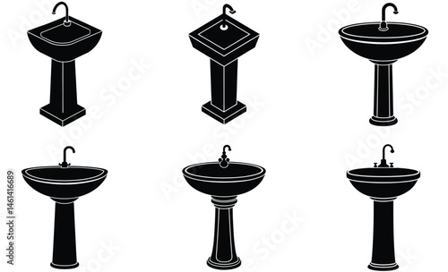 Pedestal Wash Basin Vector Silhouette Illustration – Modern Bathroom Sink Clipart, Plumbing Fixture Graphic for Interior Design Projects

