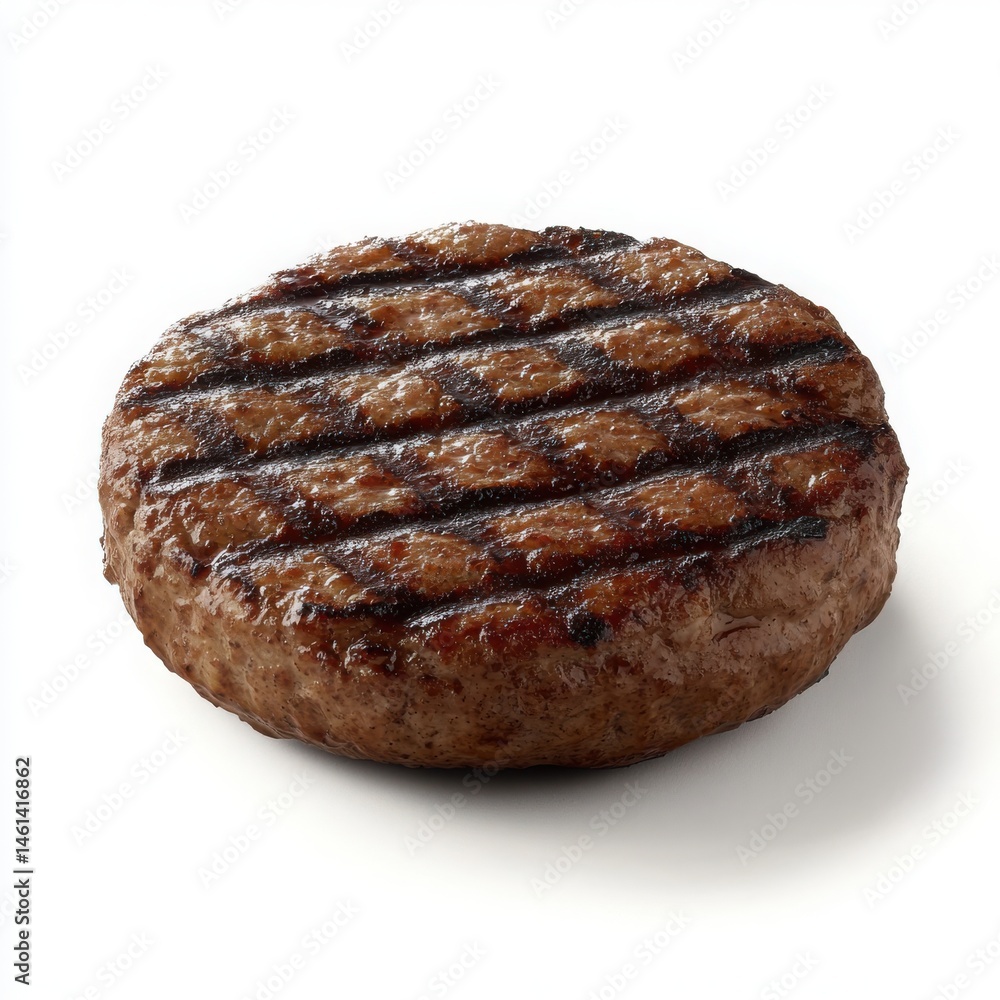 Grilled burger patty close up shot on a white background Grilled burger patty close up shot on a white background