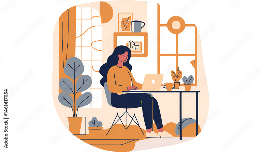 Fototapeta premium Woman working on laptop at desk with lamp plant and coffee in a bright and modern style illustration