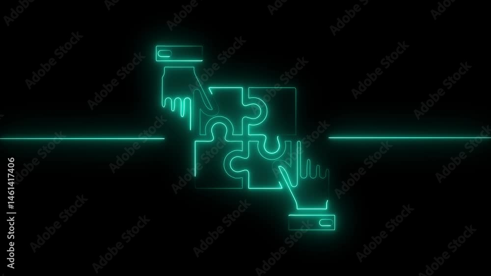 Glowing neon puzzle startup animation. Business Concept of teamwork and partnership Glowing neon puzzle startup animation. Business Concept of teamwork and partnership