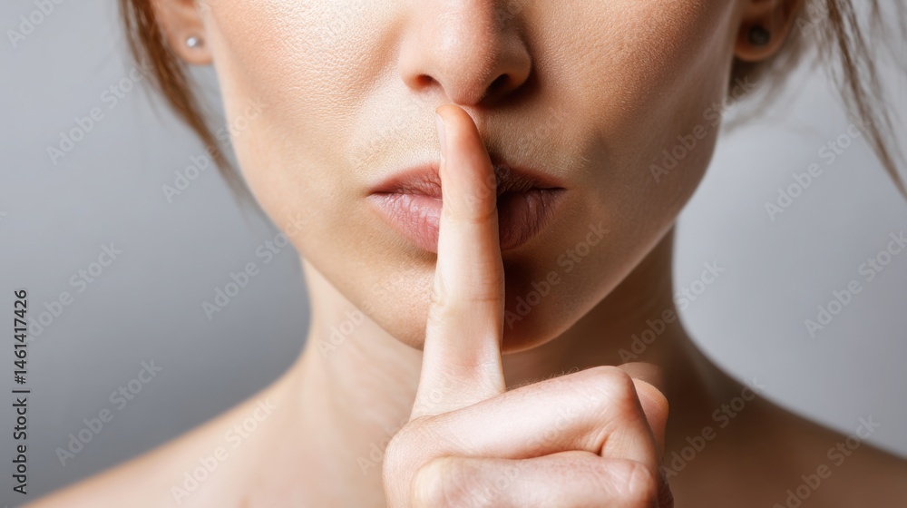 Thoughtful woman with finger to lips in a quiet gesture signifying silent capital build-up and financial concepts Thoughtful woman with finger to lips in a quiet gesture signifying silent capital build-up and financial concepts
