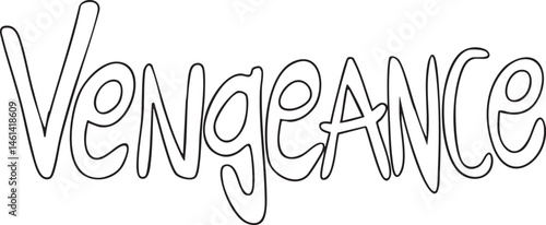 A bold black drawing displays the word 'Vengeance' in a stylized flowing script.