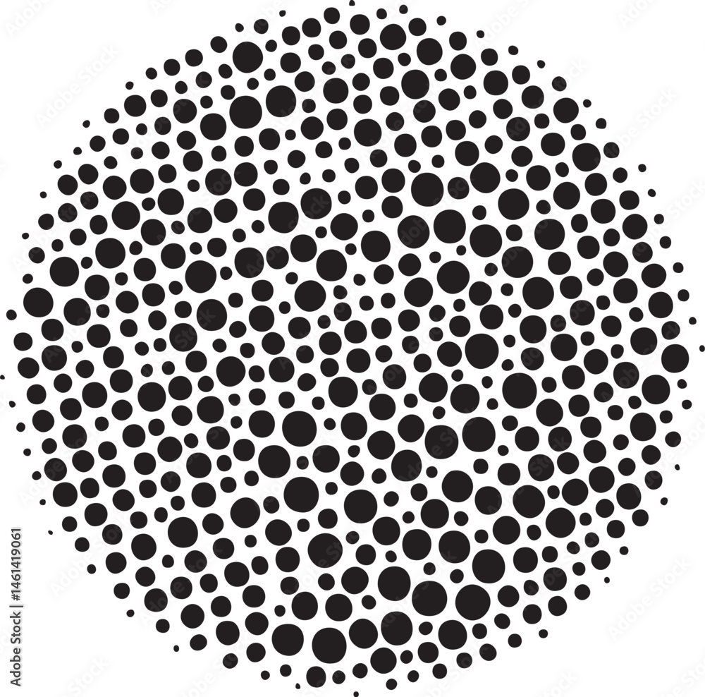 A densely packed circle of numerous black dots forms a complete shape.