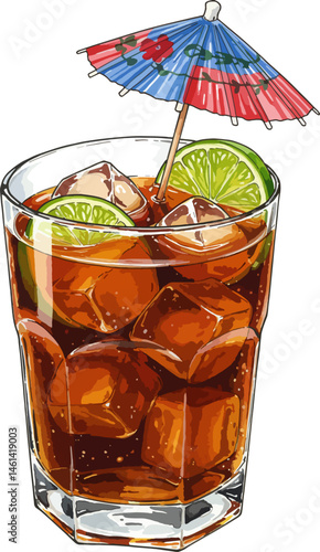 Brightly hand-drawn illustration of a refreshing iced drink with lime slices and a colorful umbrella, evoking tropical relaxation and enjoyment, perfect for depicting summer vibes and cocktail inspira