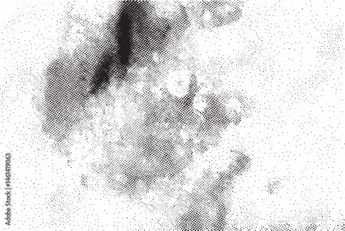 A grayscale portrait depicts a blurred human figure amidst scattered dots.