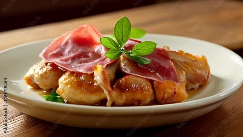Chicken Meatballs Topped With Prosciutto on White Plate with Brown Wooden Background Chicken Meatballs Topped With Prosciutto on White Plate with Brown Wooden Background