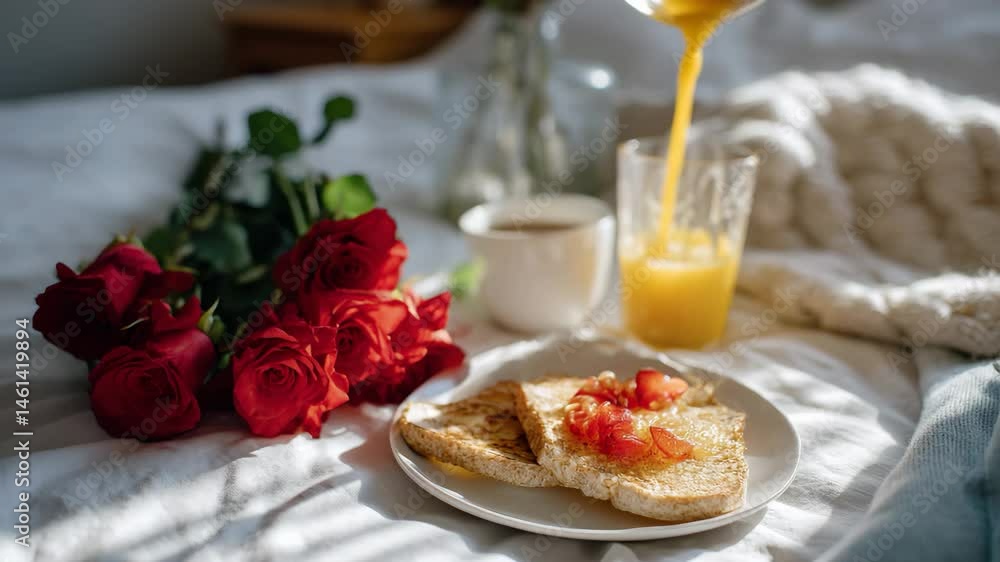 A cozy breakfast scene featuring a plate of toast topped with tomatoes, fresh orange juice, and roses, creating an inviting atmosphere perfect for a romantic morning. A cozy breakfast scene featuring a plate of toast topped with tomatoes, fresh orange juice, and roses, creating an inviting atmosphere perfect for a romantic morning.