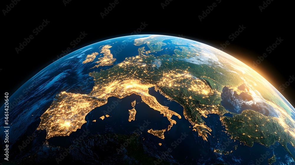 Fototapeta premium A nighttime satellite view of Europe, showcasing the illuminated cities and urban areas against the backdrop of the dark ocean and landmasses.