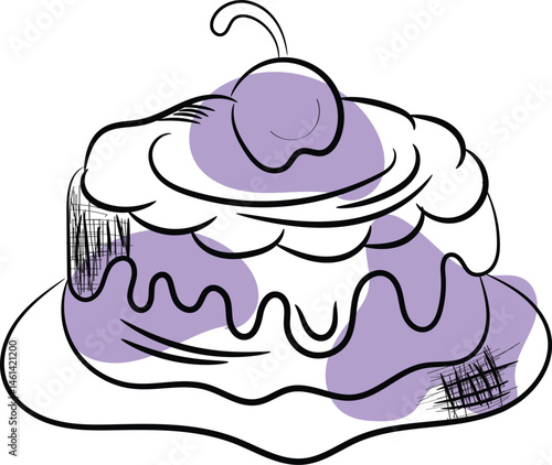 Delicious Sweet Cake with Cherry Topping Line Art Illustration