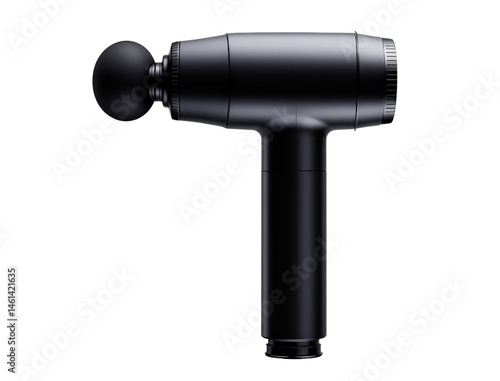 A sleek black massage gun with a rounded head designed for muscle relaxation and recovery.