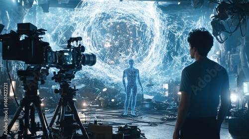 Futuristic filming set, holographic person, and crew