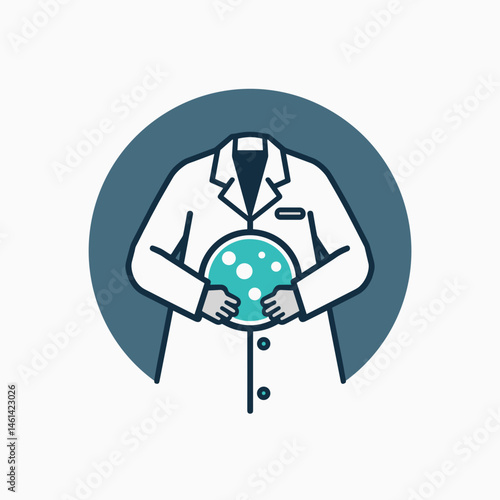 scientist in lab coat holding magnifying glass over test tube