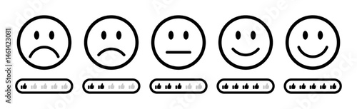 Emoji feedback rating scale with thumbs up icons below each face from sad to happy. Suitable for surveys, reviews, user experience, customer feedback forms, and social media. Rating emoji, feedback.