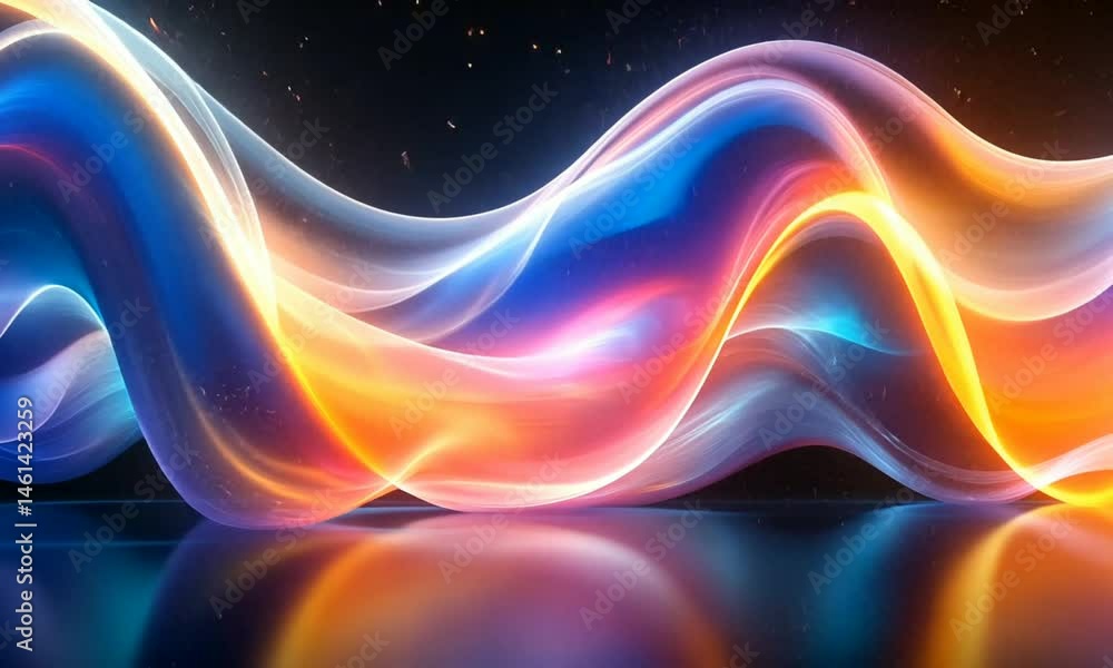 Abstract digital art of a vibrant, glowing wave of light, blending cool blues and warm oranges, reflecting on a dark surface. Ideal for technology, energy, or futuristic concepts. Abstract digital art of a vibrant, glowing wave of light, blending cool blues and warm oranges, reflecting on a dark surface. Ideal for technology, energy, or futuristic concepts.
