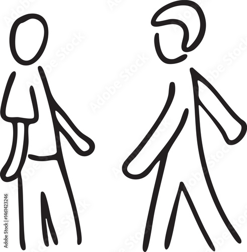 Two stick figures stand side-by-side in a simple linear composition.