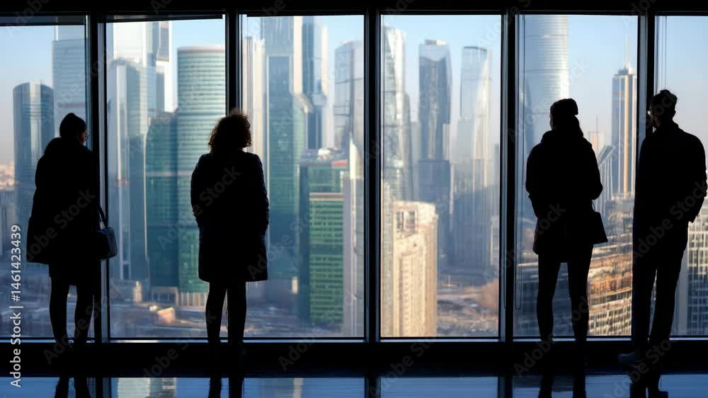 A captivating skyline view from inside a modern building, showcasing the silhouettes of four people gazing out over stunning urban scenery and impressive architecture. A captivating skyline view from inside a modern building, showcasing the silhouettes of four people gazing out over stunning urban scenery and impressive architecture.