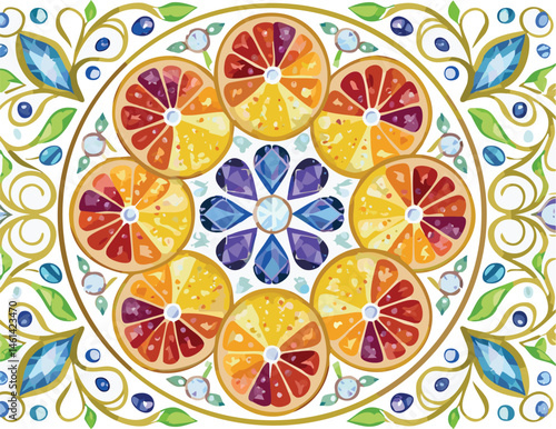 An illustration of a mosaic art piece consisting of sliced exotic fruit and sparkling jewels. The fruit slices are arranged in a pattern on a white background. The jewels are small and are intersperse