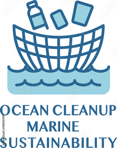 Ocean cleanup icon with plastic waste and net