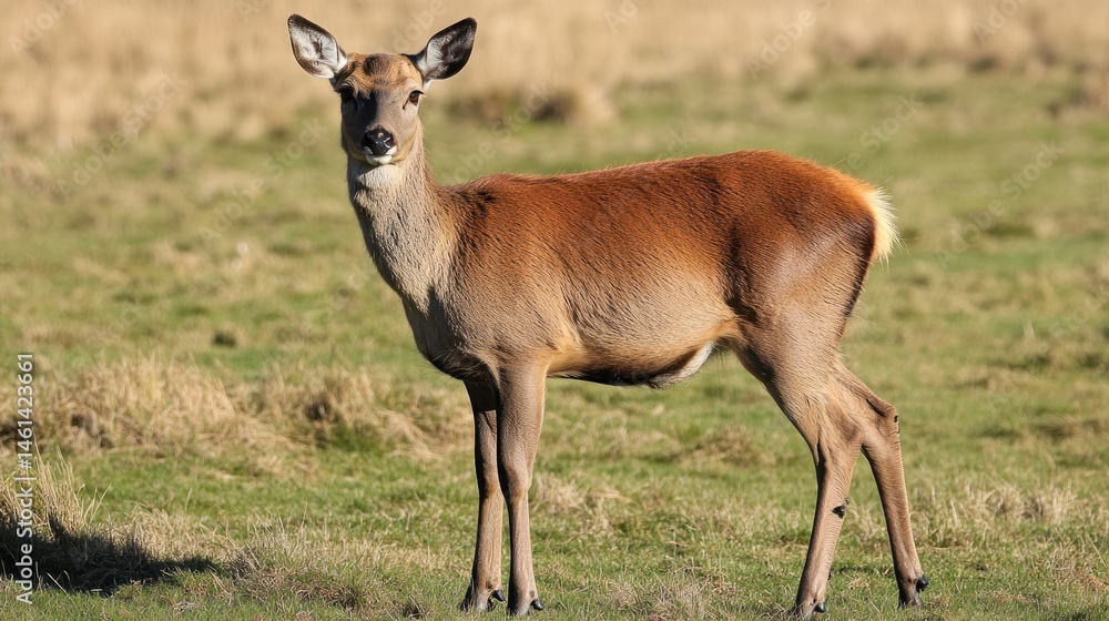 Red deer hind standing in a field. Red deer hind standing in a field.