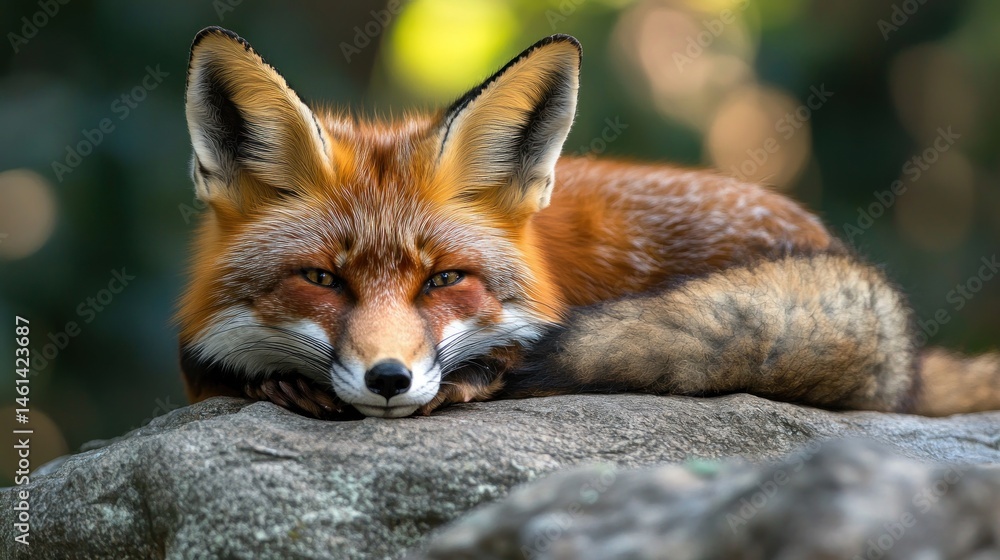 Fototapeta premium Red fox resting on a rock, looking at the camera.