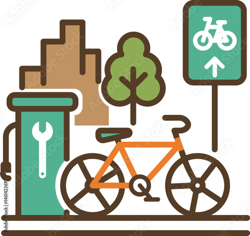 Bicycle repair station icon with city elements