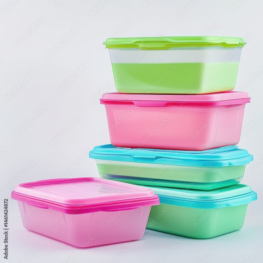 Stacked colorful food containers on a white background Stacked colorful food containers on a white background