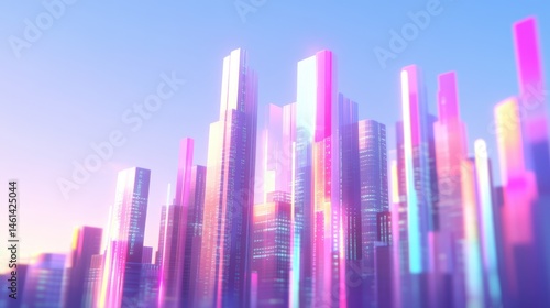 Futuristic city skyline, vibrant skyscrapers with a blend of pink and blue hues, ideal for technology or design themes.