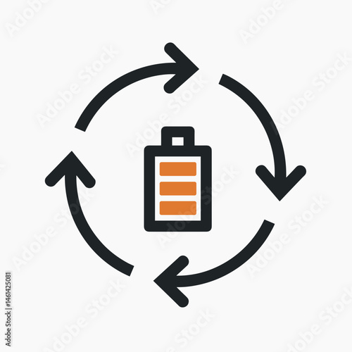rechargeable battery icon with circular arrows  orange and black