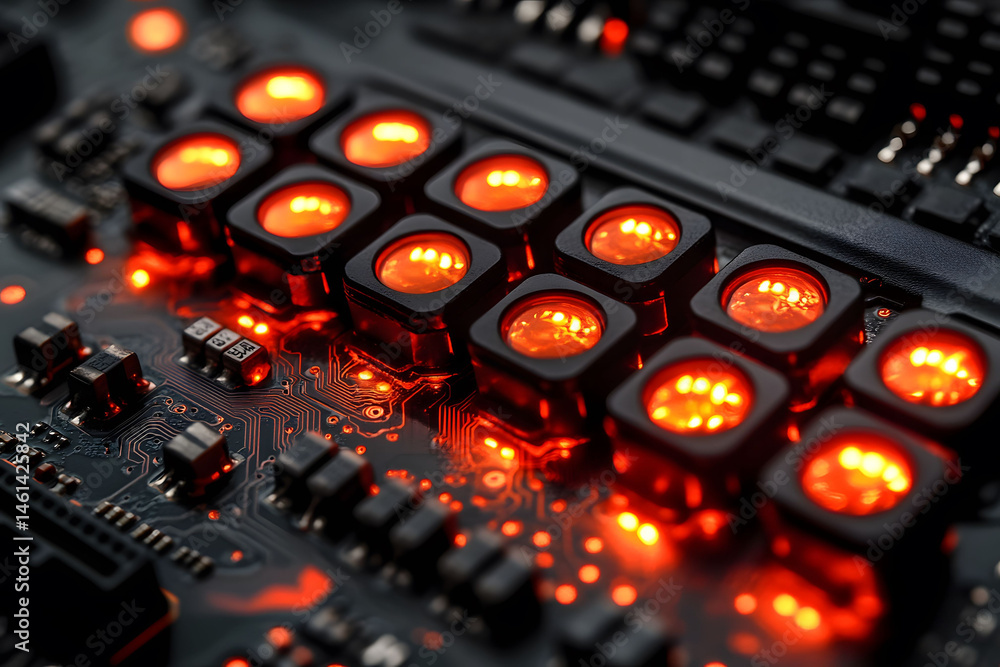 Futuristic Circuit Board with Glowing Red Lights - Technology Innovation Concept for Posters or Backgrounds Futuristic Circuit Board with Glowing Red Lights - Technology Innovation Concept for Posters or Backgrounds