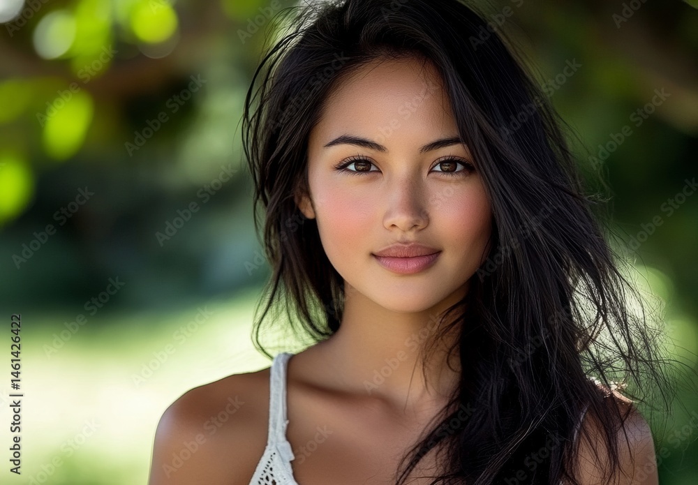 A serene Asian woman is captured smiling in a park on a daytime portrait, illuminated by natural light and surrounded by beautiful greenery A serene Asian woman is captured smiling in a park on a daytime portrait, illuminated by natural light and surrounded by beautiful greenery