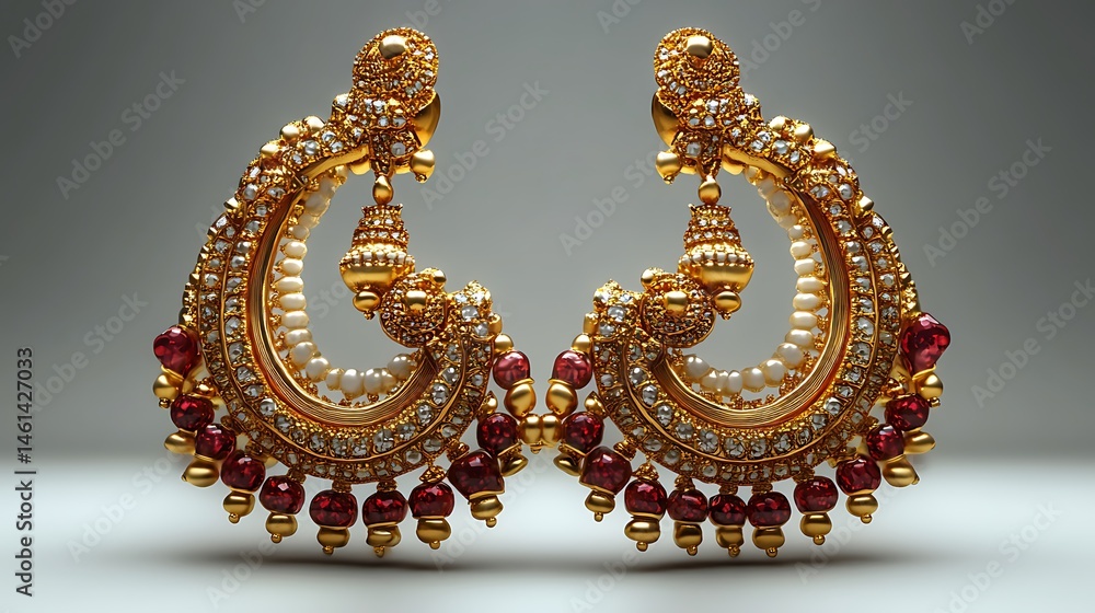 Intricate Gold Earrings Adorned With Pearls And Ruby Beads High Resolution Images Intricate Gold Earrings Adorned With Pearls And Ruby Beads High Resolution Images
