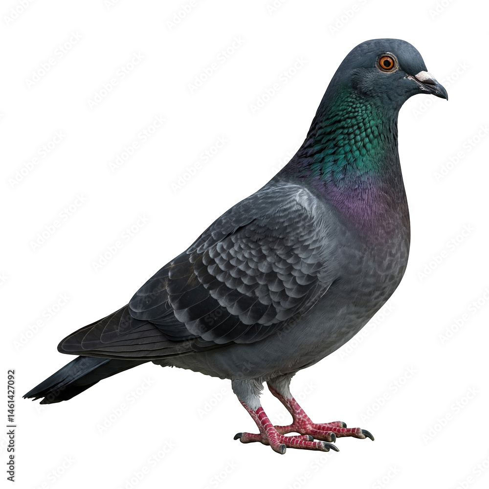 Naklejka premium A Close-Up View of a Pigeon Displaying Distinctive Feathers and Coloration, Set Against a Solid Black Background