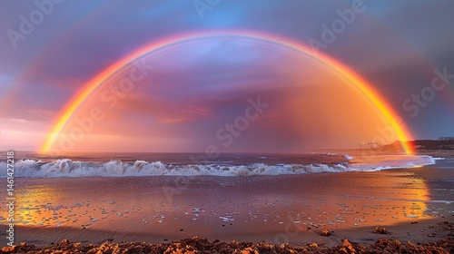 A rainbow shimmering over a sandy beach with waves crashing below HD 8K wallpaper Photographic Image

