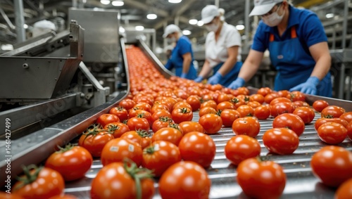 Workers sorting red tomatoes on conveyor belt
