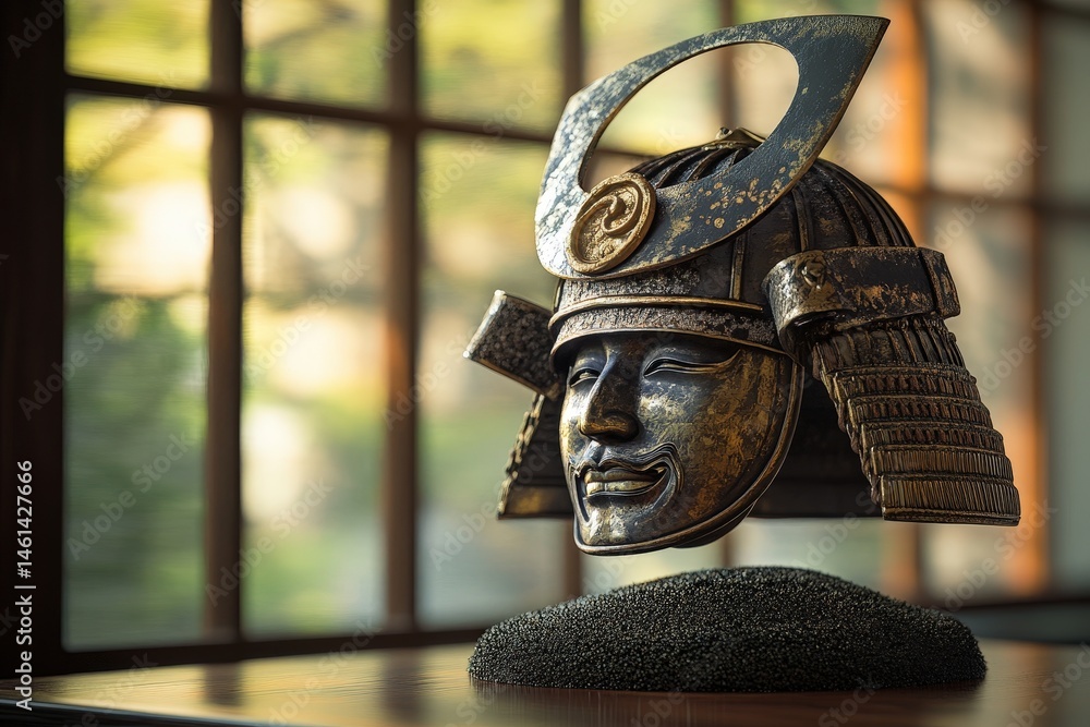 Obraz premium Antique samurai helmet displayed on a levitating base.