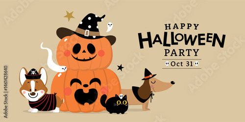 Happy halloween invitation card with cute dachshund puppy, corgi dog in party costumes, black cat and spooky pumpkin. Animals holidays cartoon character. -Vector 