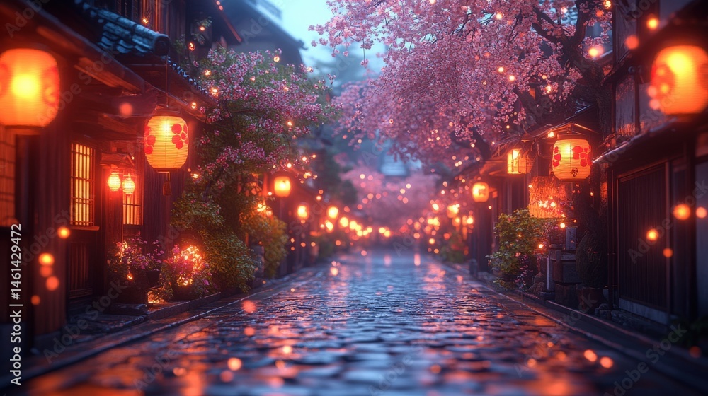 Obraz premium Glowing lanterns illuminate a quiet, rainy street lined with cherry blossoms