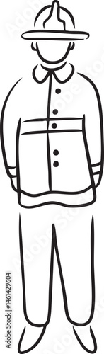 A solitary figure stands in a simple pose wearing a hat and shirt.