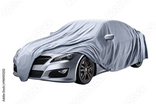 A car covered with a protective cover, showcasing its sleek design. Png, Transparent background.