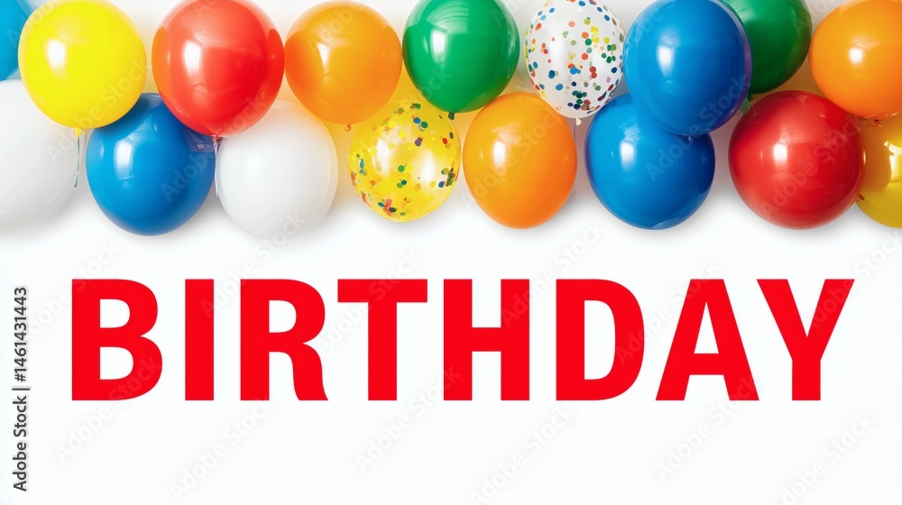 Bold red birthday text with colorful balloons, Bright party decoration with confetti balloons, Celebration template with vivid contrast