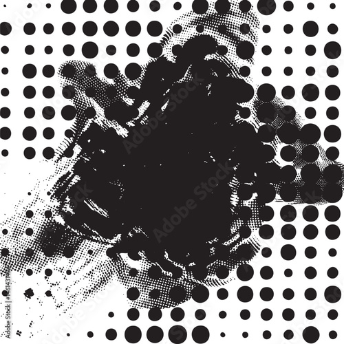 A dynamic black and white brushstroke dominates a field of scattered dots.
